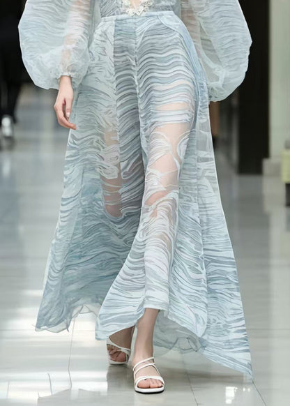 Classy Light Blue V Neck Print Chiffon Dress Lantern Sleeve