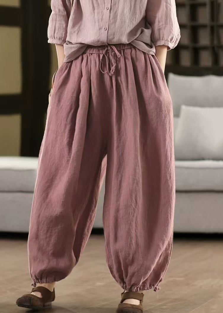 Classy Linen Pockets Elastic Waist Linen Beam Pants Summer