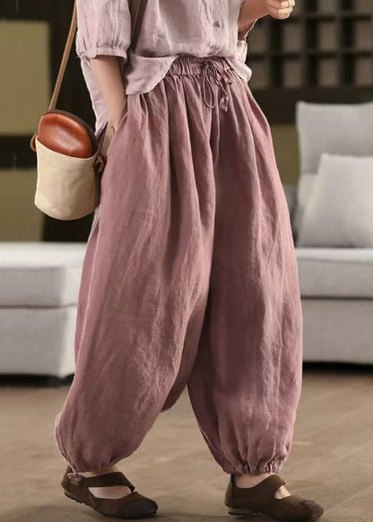 Classy Linen Pockets Elastic Waist Linen Beam Pants Summer