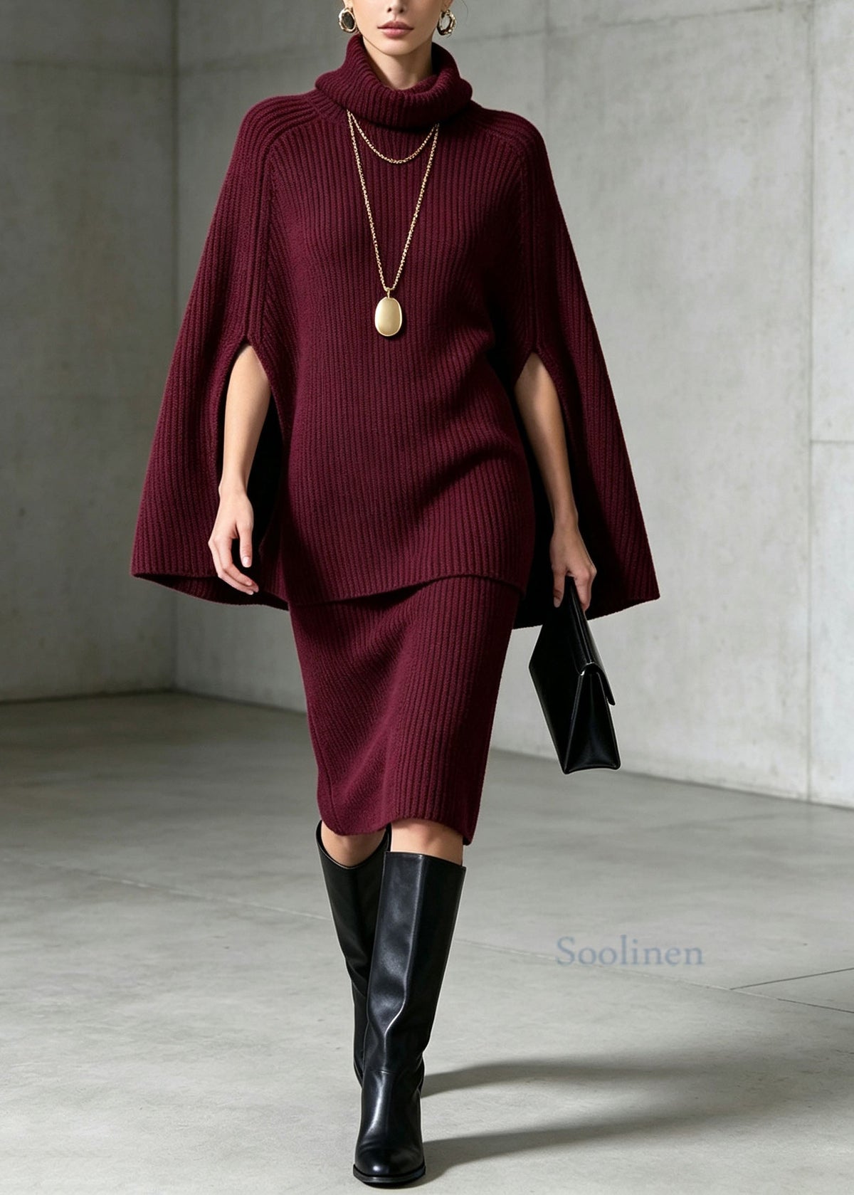 Classy Mulberry Hign Neck Knit Two Piece Set Cloak Sleeves