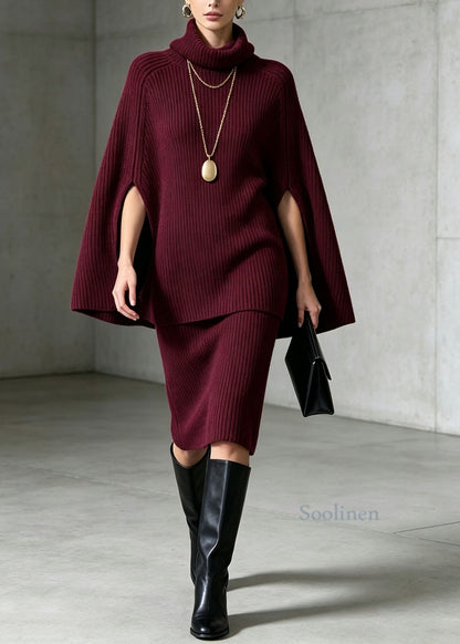 Classy Mulberry Hign Neck Knit Two Piece Set Cloak Sleeves
