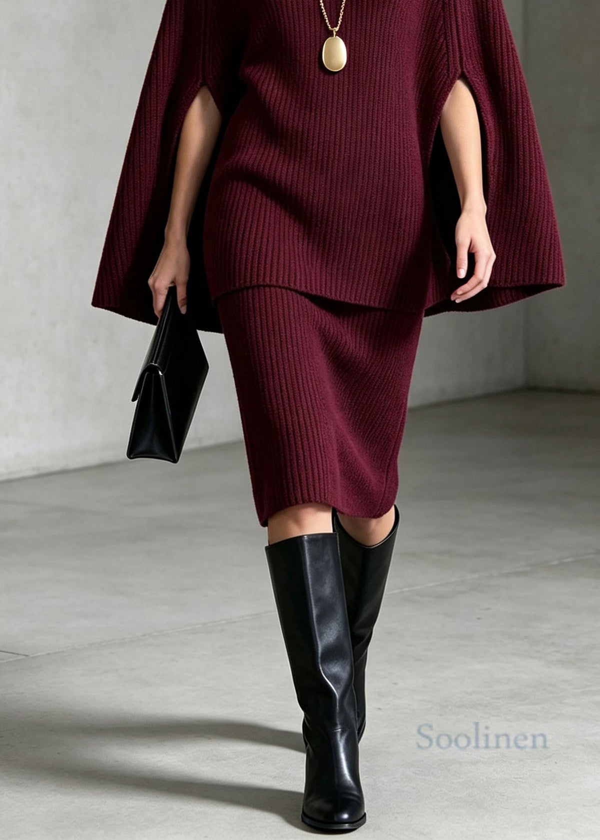 Classy Mulberry Hign Neck Knit Two Piece Set Cloak Sleeves