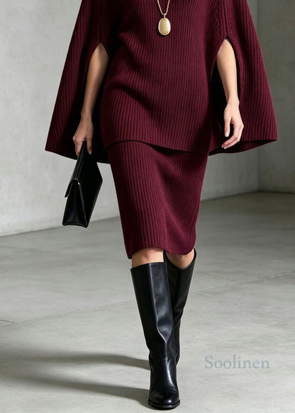 Classy Mulberry Hign Neck Knit Two Piece Set Cloak Sleeves