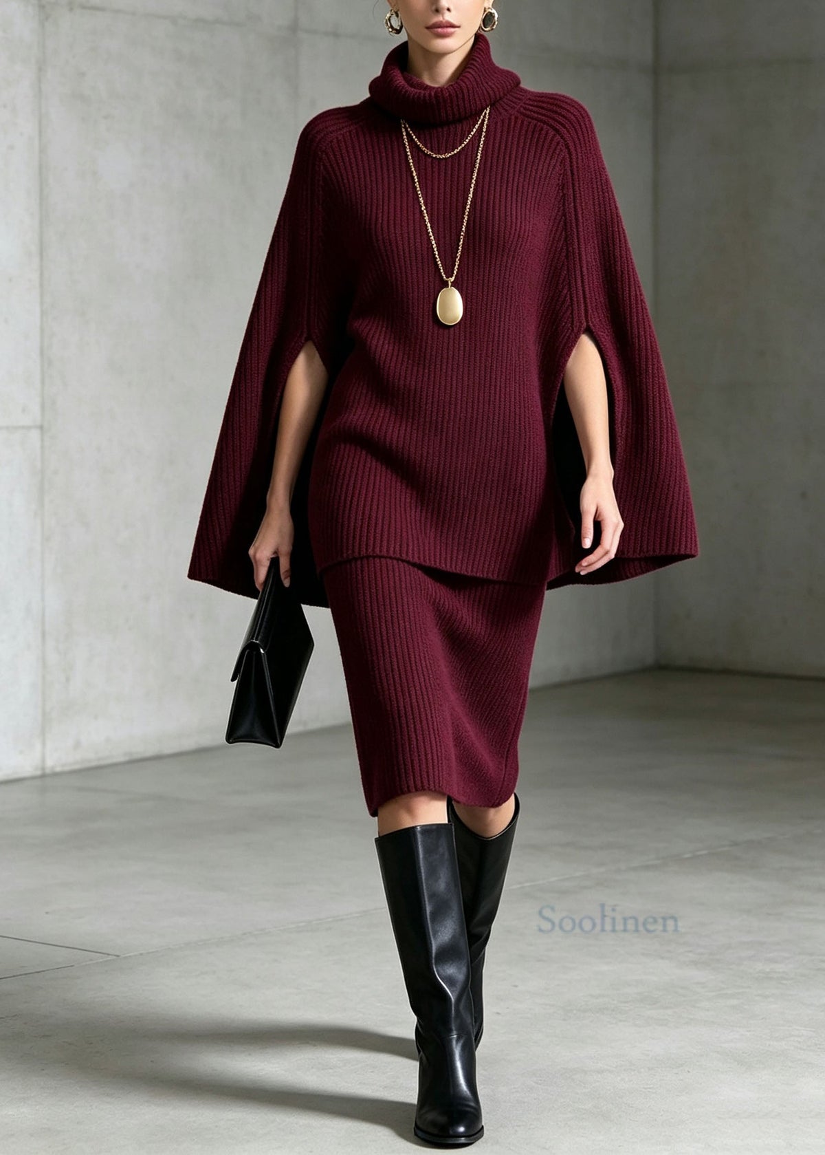 Classy Mulberry Hign Neck Knit Two Piece Set Cloak Sleeves