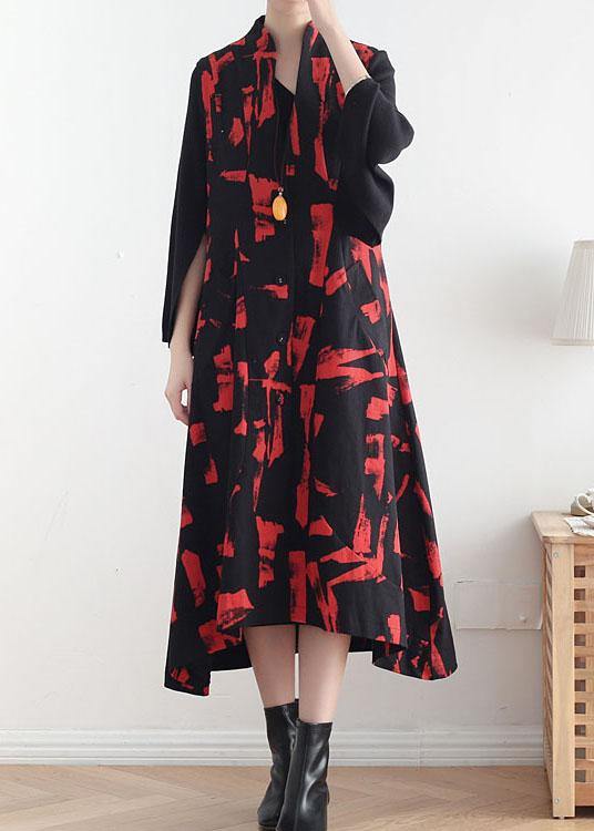 Classy Mulberry Print Peter Pan Collar Button Waistcoat Long Dress Fall Cotton Dress - SooLinen