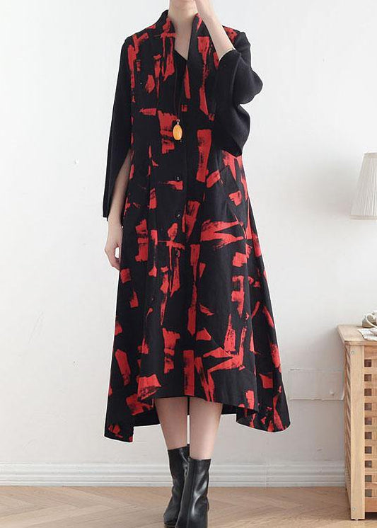 Classy Mulberry Print Peter Pan Collar Button Waistcoat Long Dress Fall Cotton Dress - SooLinen
