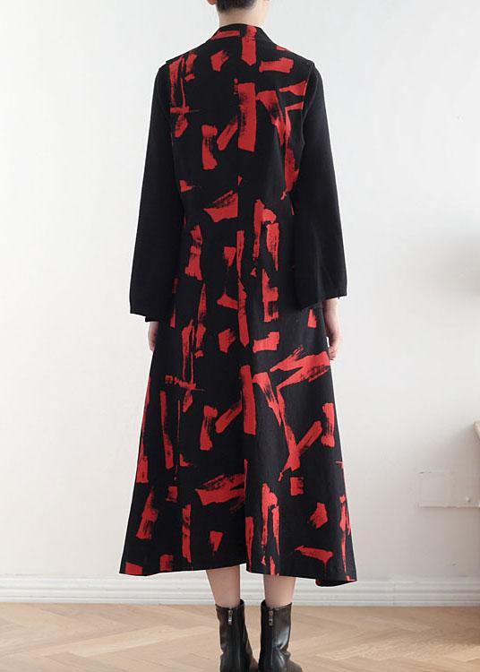 Classy Mulberry Print Peter Pan Collar Button Waistcoat Long Dress Fall Cotton Dress - SooLinen