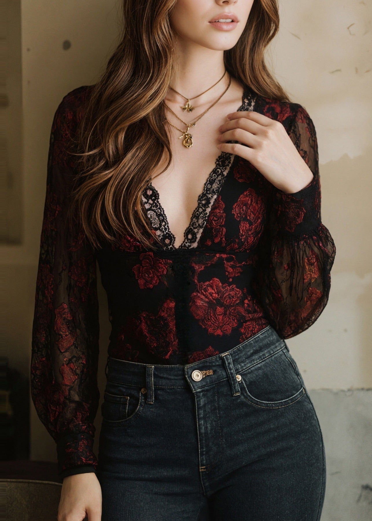 Classy Mulberry V Neck Lace Patchwork Velour Top Long Sleeve
