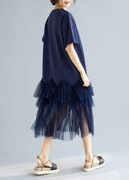 Classy Navy Patchwork Character Pattern Short Sleeve Robe Dresses - SooLinen