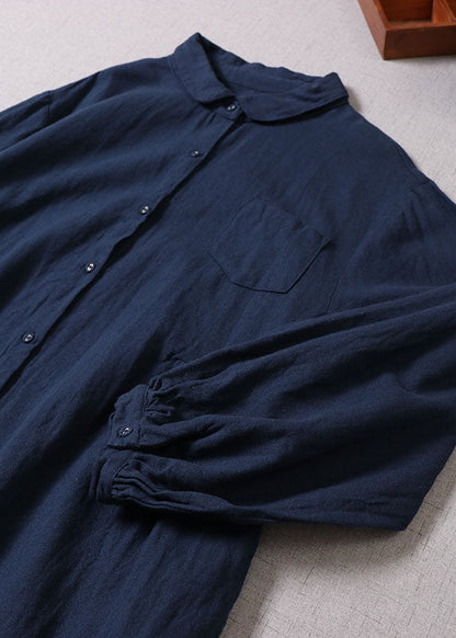 Edle Marineblaue Peter Pan Kragen Button Hemden Kleid Frühling