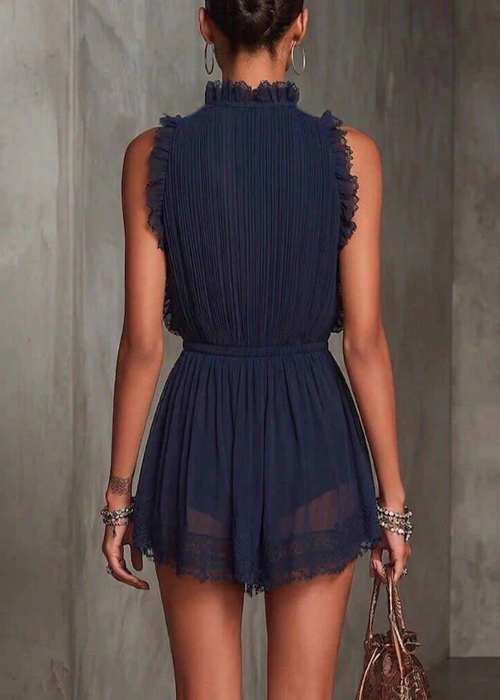 Classy Navy Ruffled V Neck Patchwork Lace Mini Dress Sleeveless