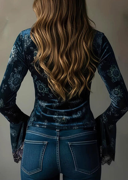 Classy Navy V Neck Print Patchwork Lace Shirt Tops Flare Sleeve