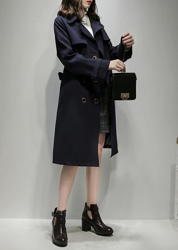 Classy Notched double breast Plus Size trench coat navy silhouette outwear - SooLinen