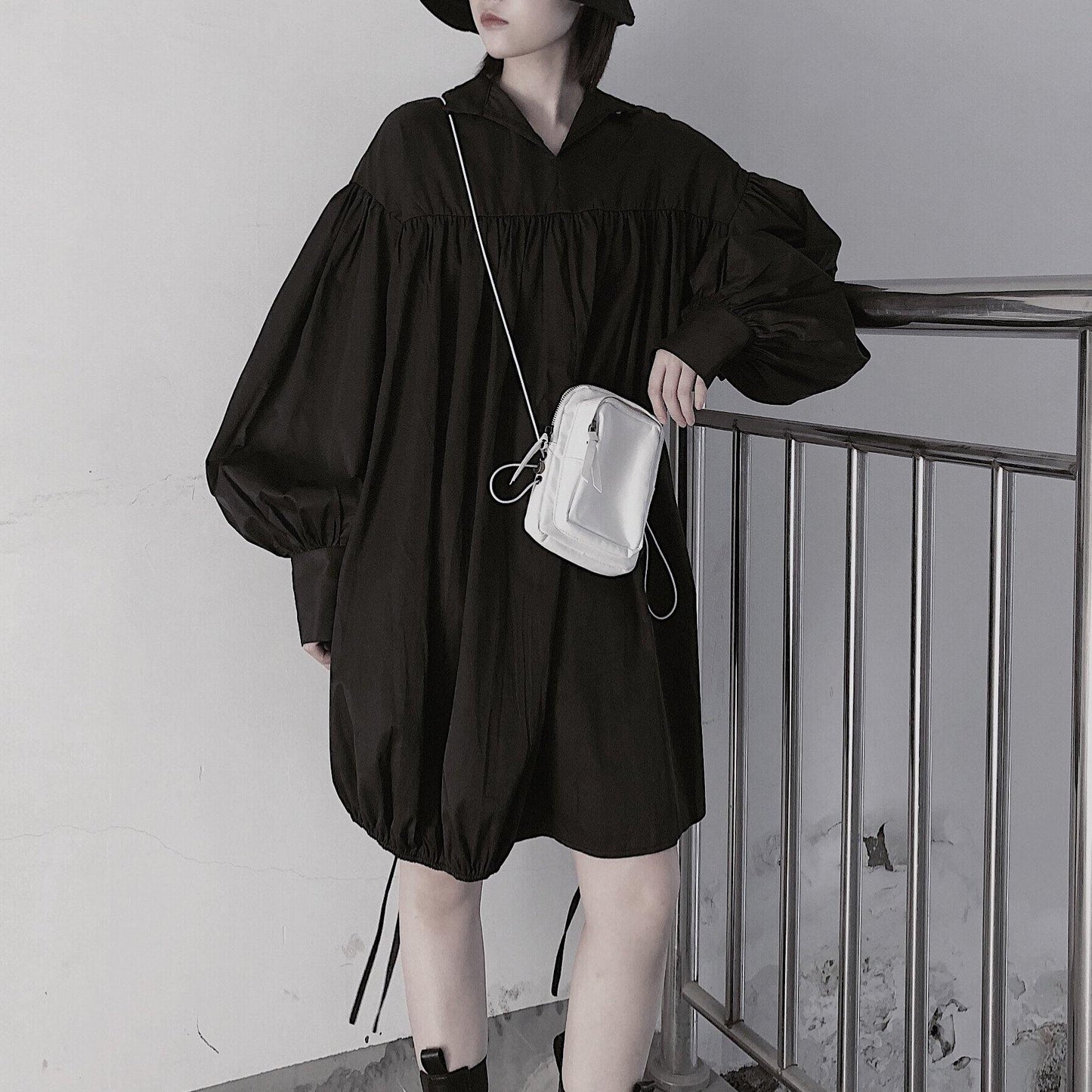 Classy O Neck Drawstring Tunics Sleeve Black Dress - SooLinen