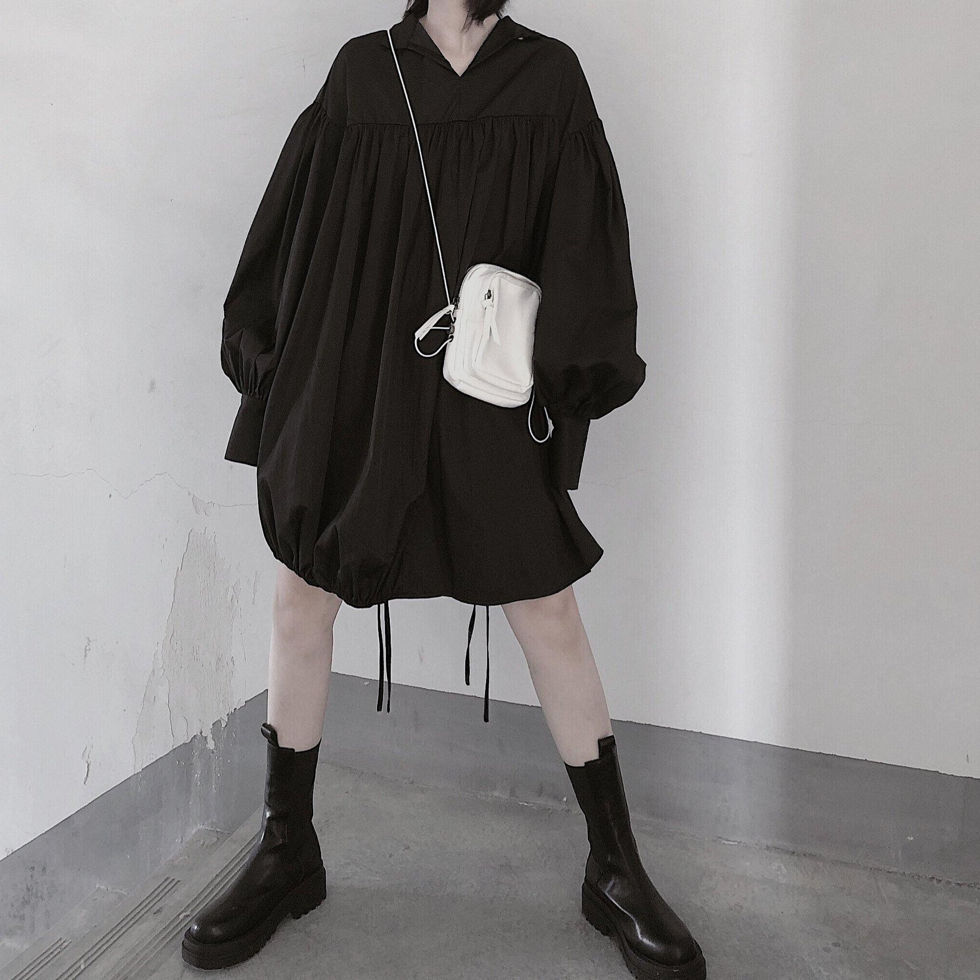 Classy O Neck Drawstring Tunics Sleeve Black Dress - SooLinen