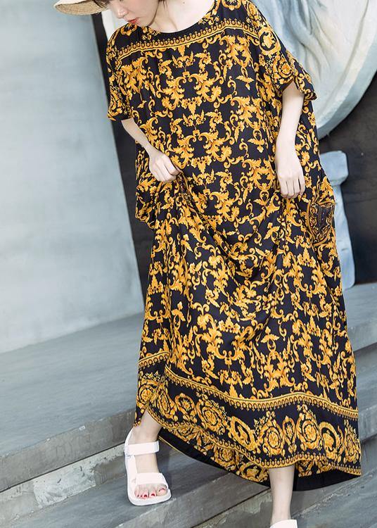 Retro Caftans Yellow Print Long Dresses - SooLinen