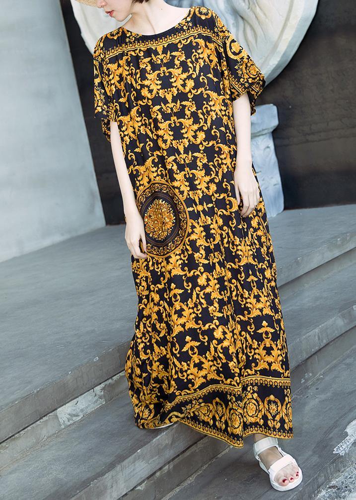 Retro Caftans Yellow Print Long Dresses - SooLinen