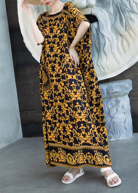 Retro Caftans Yellow Print Long Dresses - SooLinen