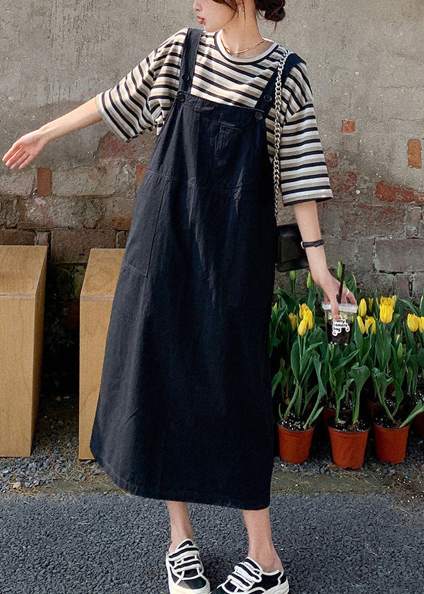 Edles O-Ausschnitt gestreiftes Patchwork-T-Shirt und langes Kleid, zweiteiliges Set für den Sommer