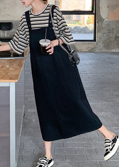 Edles O-Ausschnitt gestreiftes Patchwork-T-Shirt und langes Kleid, zweiteiliges Set für den Sommer