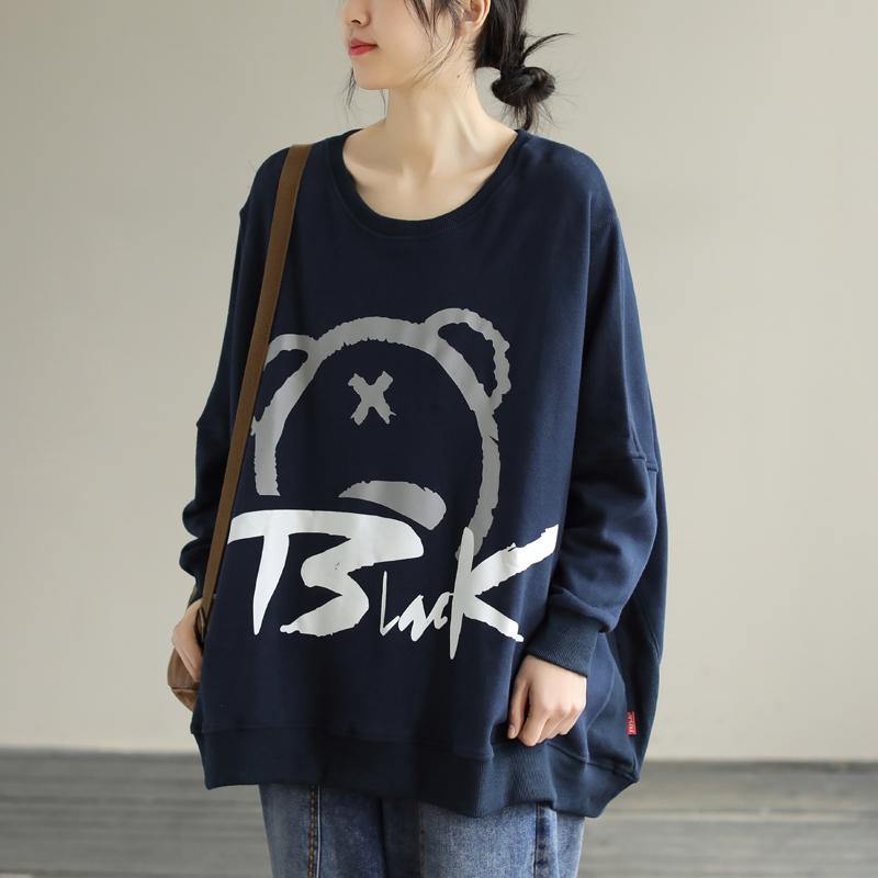 Classy O Neck cotton Spring Shirts Christmas Gifts Navy tops - SooLinen