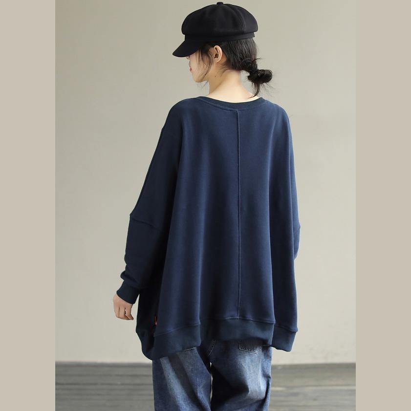 Classy O Neck cotton Spring Shirts Christmas Gifts Navy tops - SooLinen