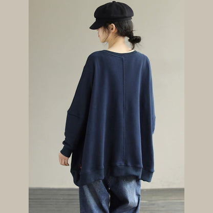 Classy O Neck cotton Spring Shirts Christmas Gifts Navy tops - SooLinen