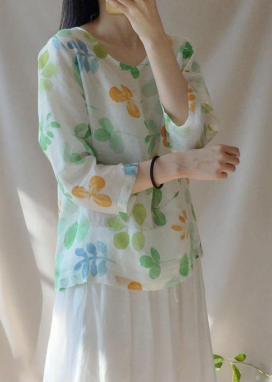 Classy O neck Blouses For Women Shape Green Leaf Print Shirts - SooLinen