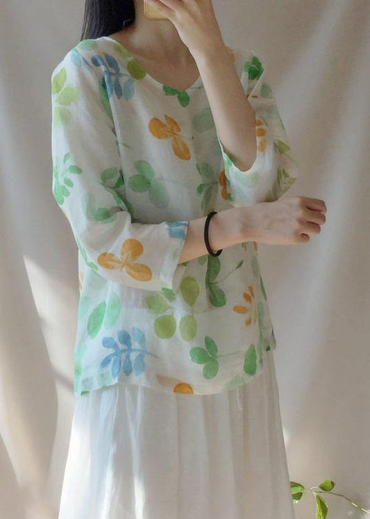 Classy O neck Blouses For Women Shape Green Leaf Print Shirts - SooLinen