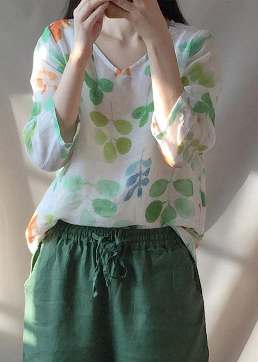 Classy O neck Blouses For Women Shape Green Leaf Print Shirts - SooLinen