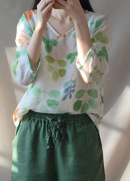 Classy O neck Blouses For Women Shape Green Leaf Print Shirts - SooLinen