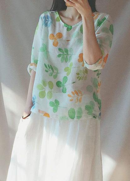 Classy O neck Blouses For Women Shape Green Leaf Print Shirts - SooLinen