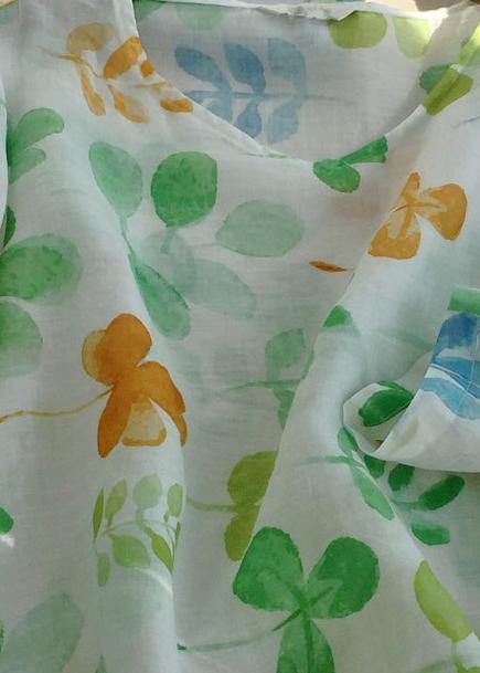 Classy O neck Blouses For Women Shape Green Leaf Print Shirts - SooLinen