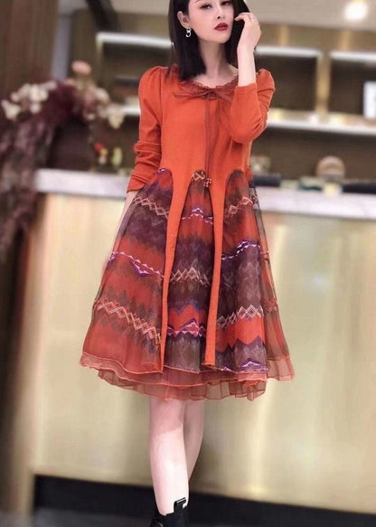 Edles orangefarbenes Strick-Patchwork-Tüll-besticktes Herbst-Langarmkleid