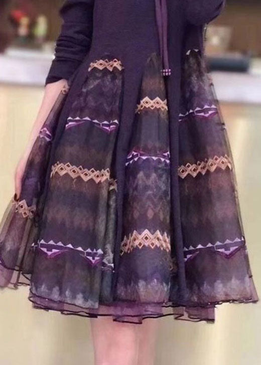 Edles orangefarbenes Strick-Patchwork-Tüll-besticktes Herbst-Langarmkleid