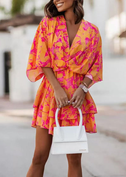 Classy Orange Print Layered Chiffon Dresses Summer