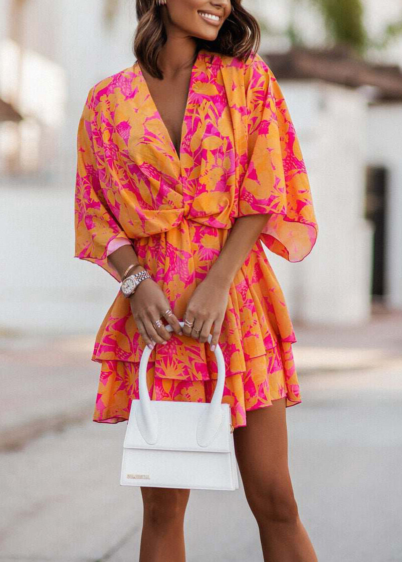 Classy Orange Print Layered Chiffon Dresses Summer