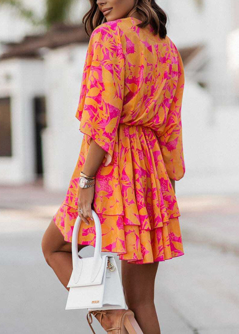 Classy Orange Print Layered Chiffon Dresses Summer