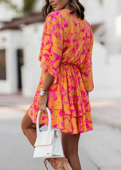 Classy Orange Print Layered Chiffon Dresses Summer