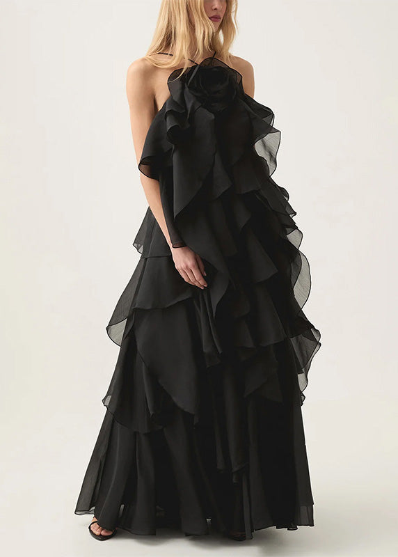 Classy Orange Ruffled Asymmetrical Patchwork Chiffon Dress Summer
