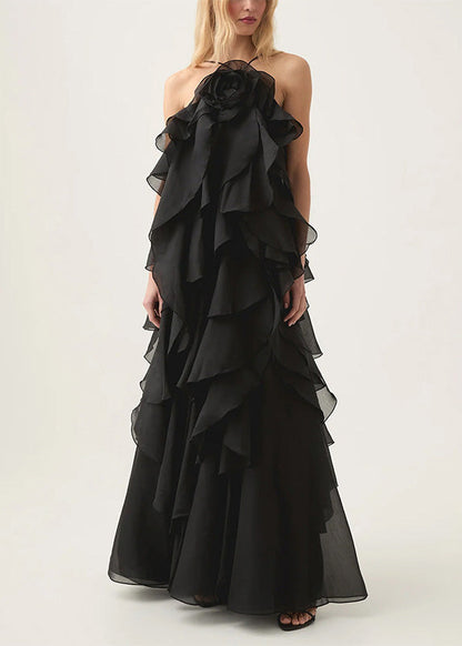 Classy Orange Ruffled Asymmetrical Patchwork Chiffon Dress Summer