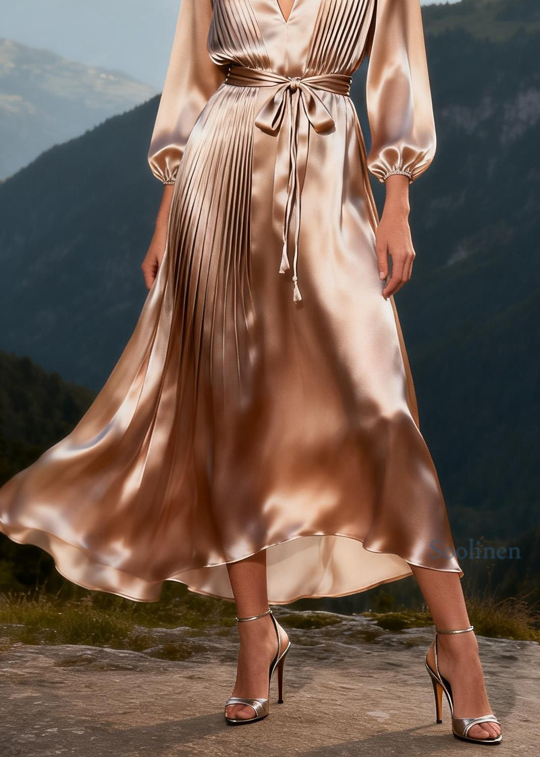 Classy Peter Pan Collar Lace Wrinkled Patchwork Silk Dress Long Sleeve