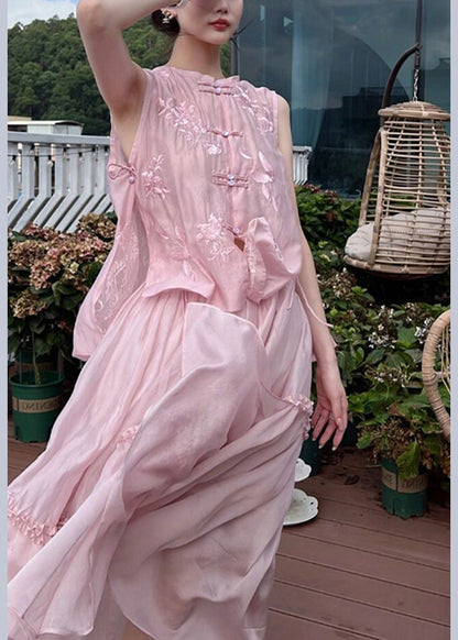 Edles rosa besticktes Rüschenknopf-Zweiteiler-Set aus Baumwolle