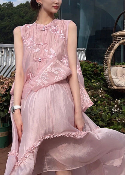 Edles rosa besticktes Rüschenknopf-Zweiteiler-Set aus Baumwolle