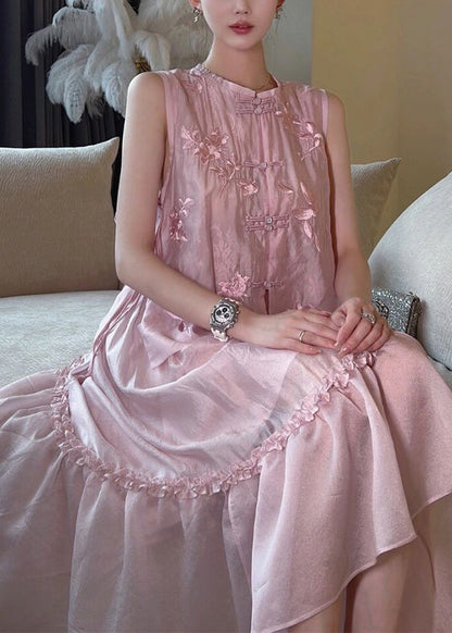 Edles rosa besticktes Rüschenknopf-Zweiteiler-Set aus Baumwolle