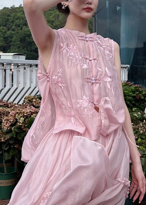 Edles rosa besticktes Rüschenknopf-Zweiteiler-Set aus Baumwolle