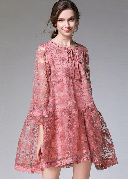 Classy Pink Fashion Spring Lace Party Dress Long Sleeve - SooLinen