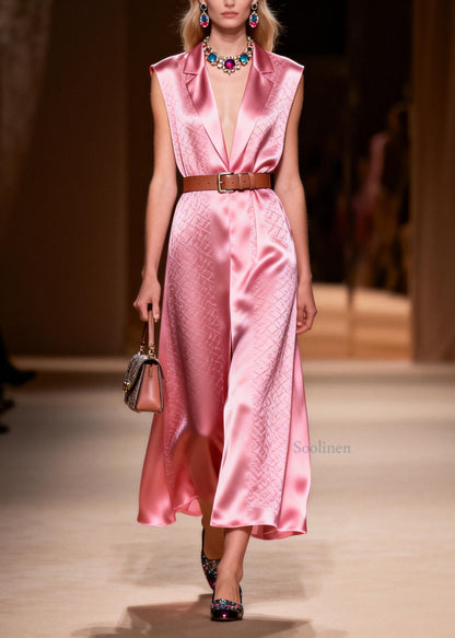 Classy Pink Peter Pan Collar Patchwork Silk Dress Sleeveless
