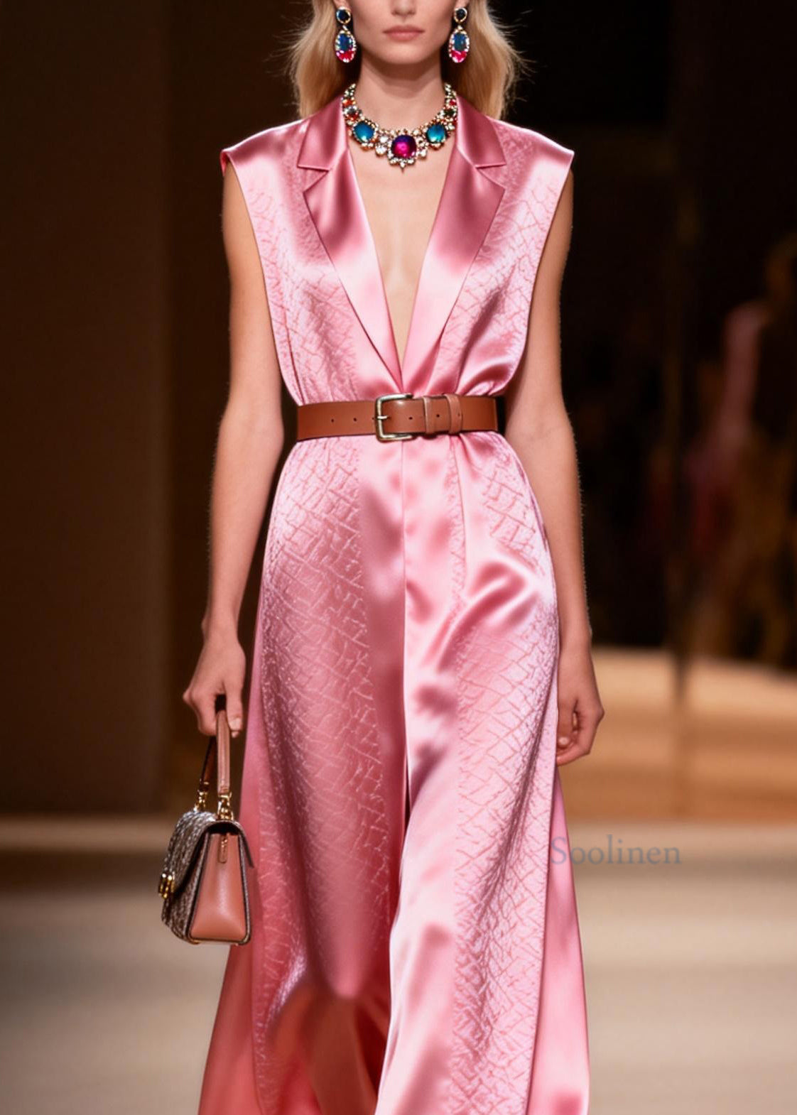 Classy Pink Peter Pan Collar Patchwork Silk Dress Sleeveless