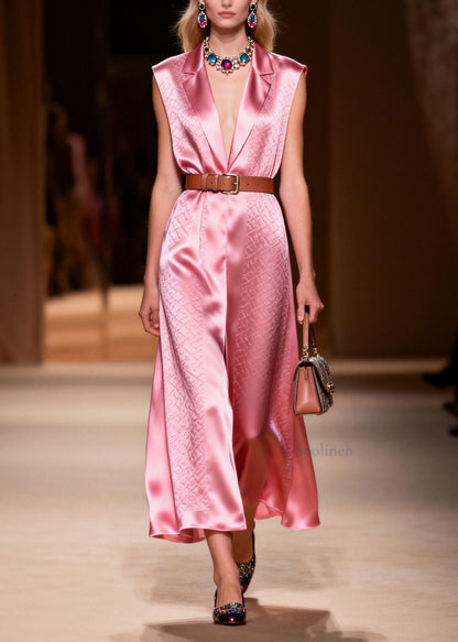 Classy Pink Peter Pan Collar Patchwork Silk Dress Sleeveless